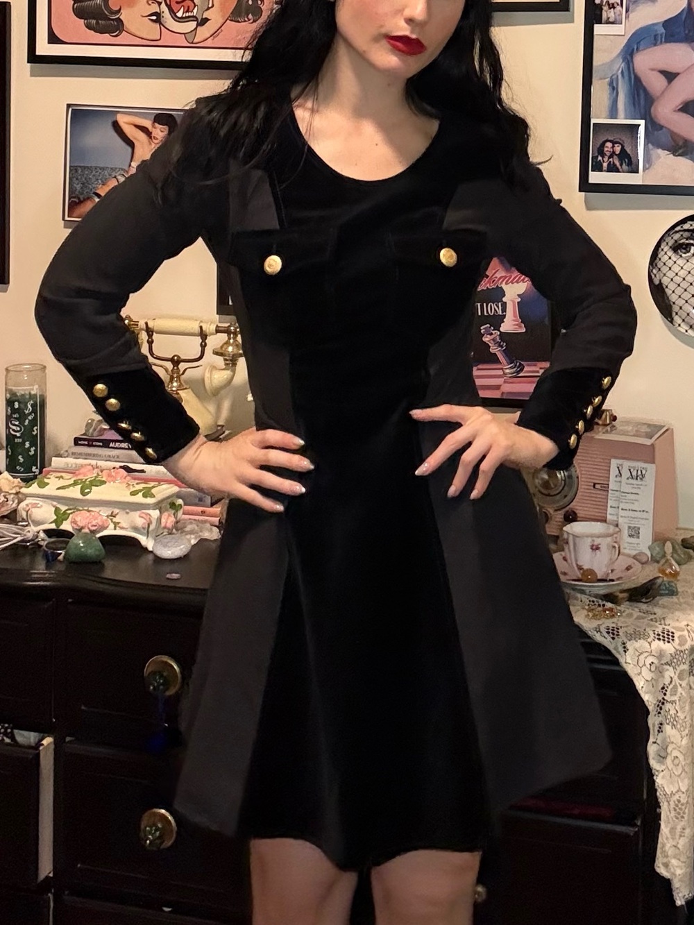 Moschino Velvet and Wool Black and Gray Mini Dress with Gold Buttons